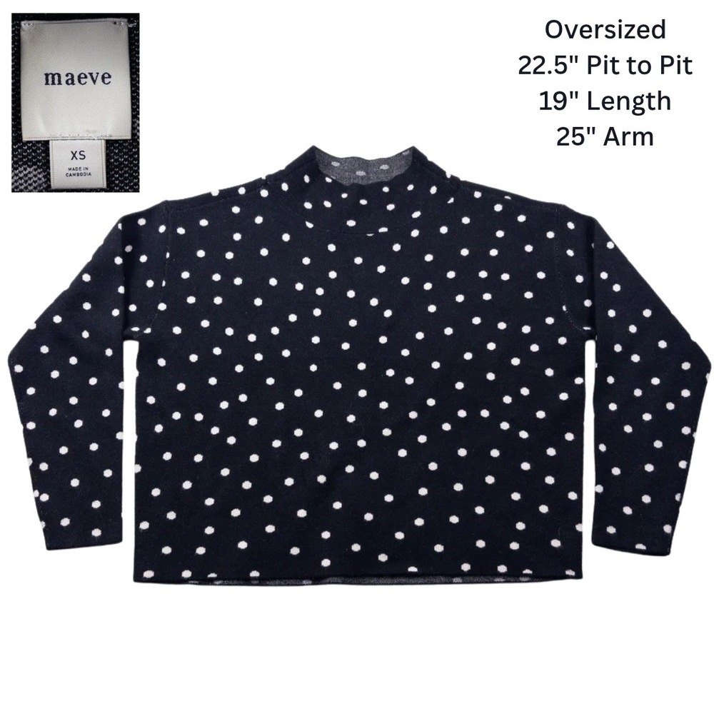 Maeve Anthropologie Carys Mock-Neck Sweater Women XS Black White Polka Dot Knit
